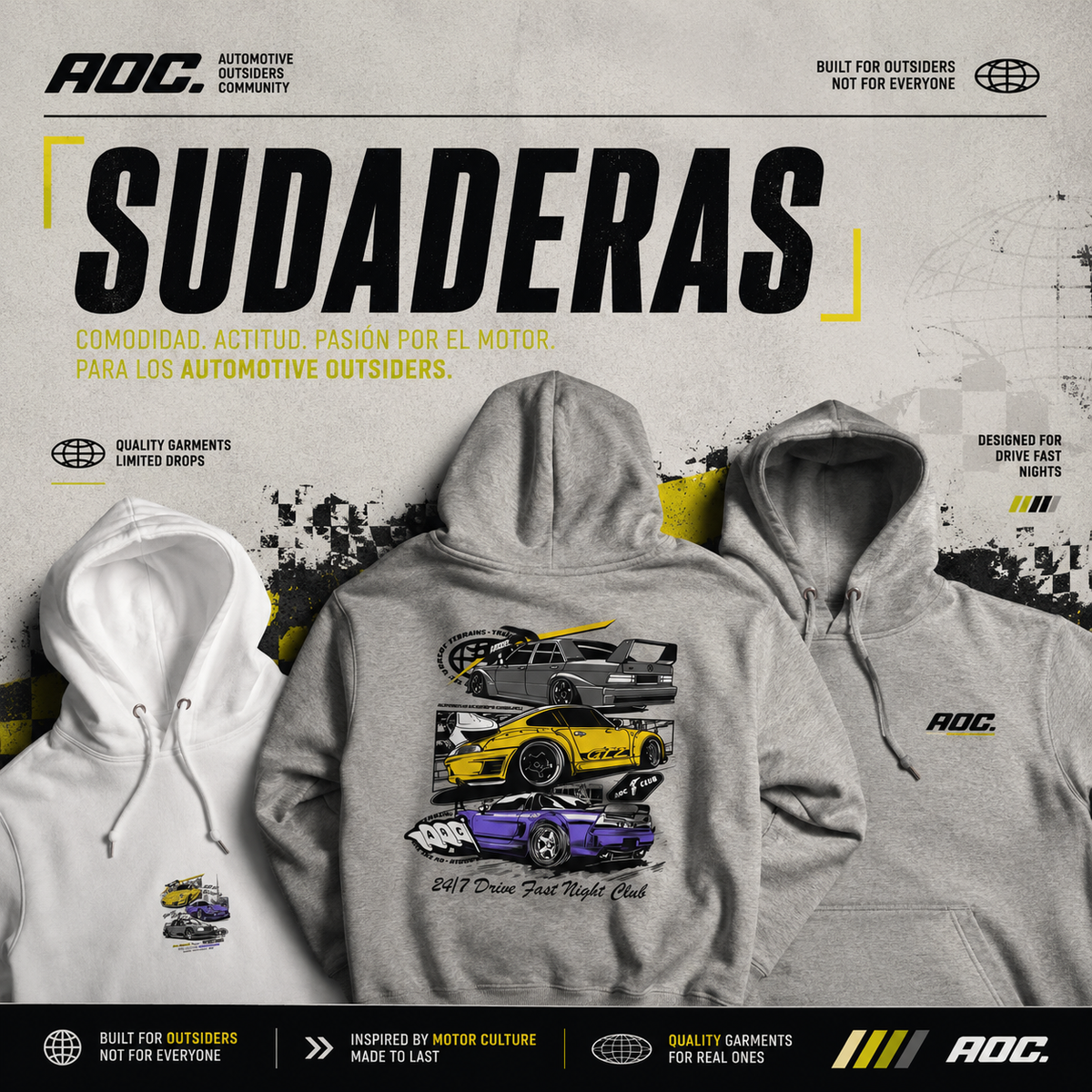 Colección de sudaderas AOC inspiradas en cultura del motor y roadtrips