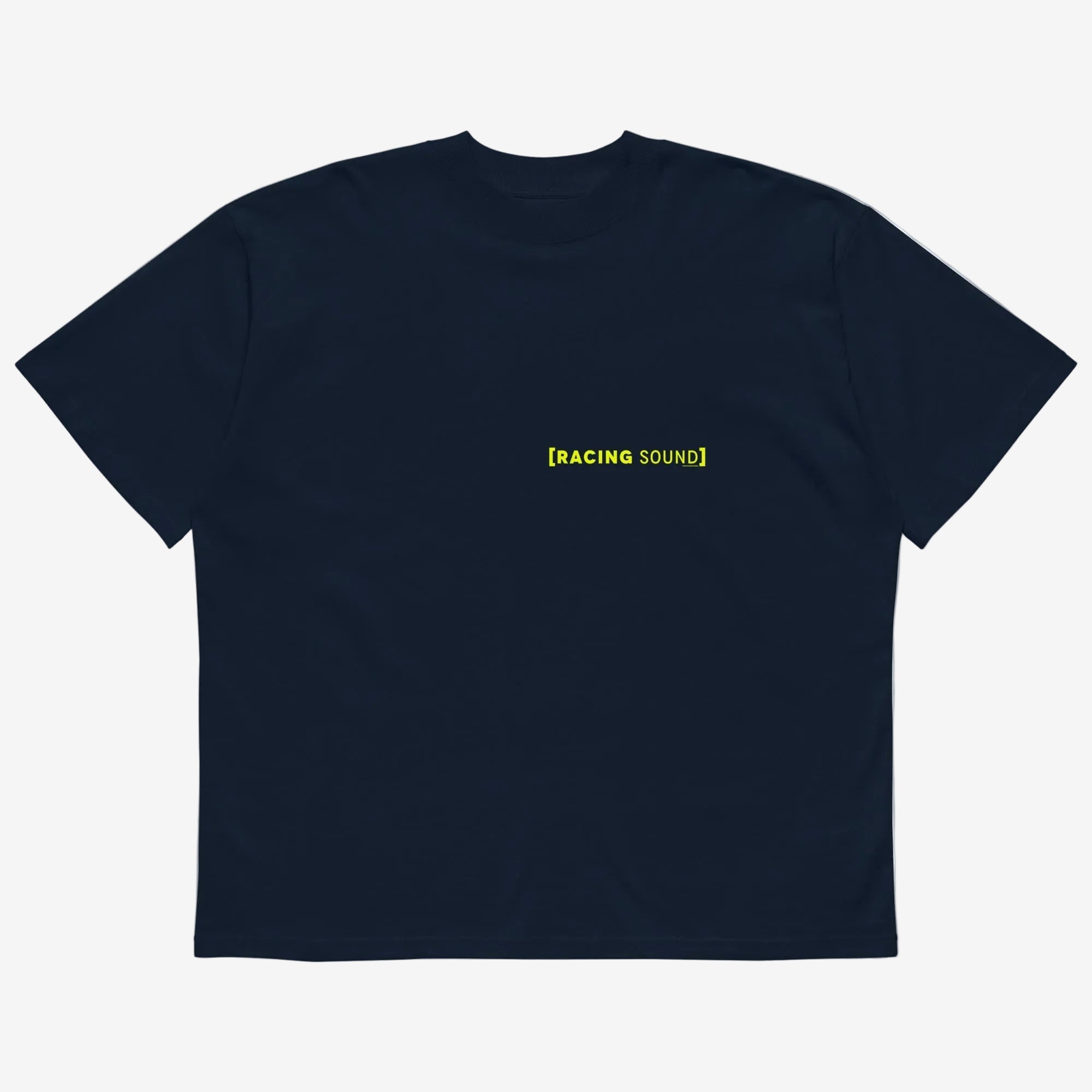camiseta azul marino, vista frontal, texto Racing Sound en amarillo en el pecho