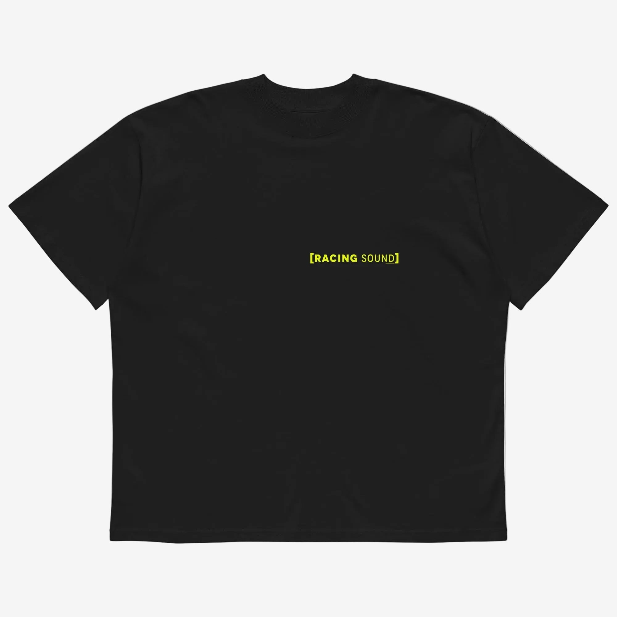 camiseta negra, vista frontal, texto Racing Sound en amarillo en el pecho