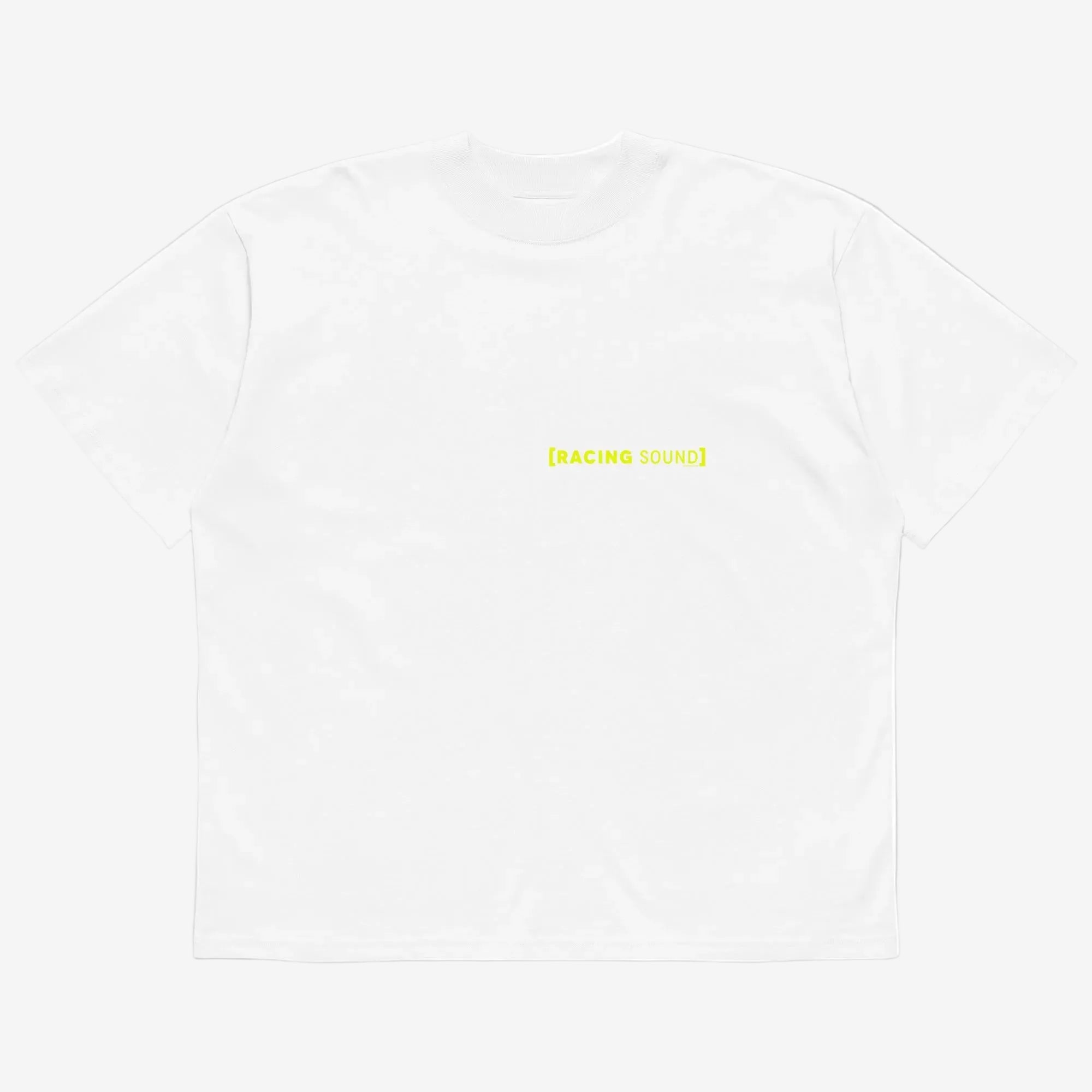 camiseta blanca, vista frontal, texto Racing Sound en amarillo en el pecho