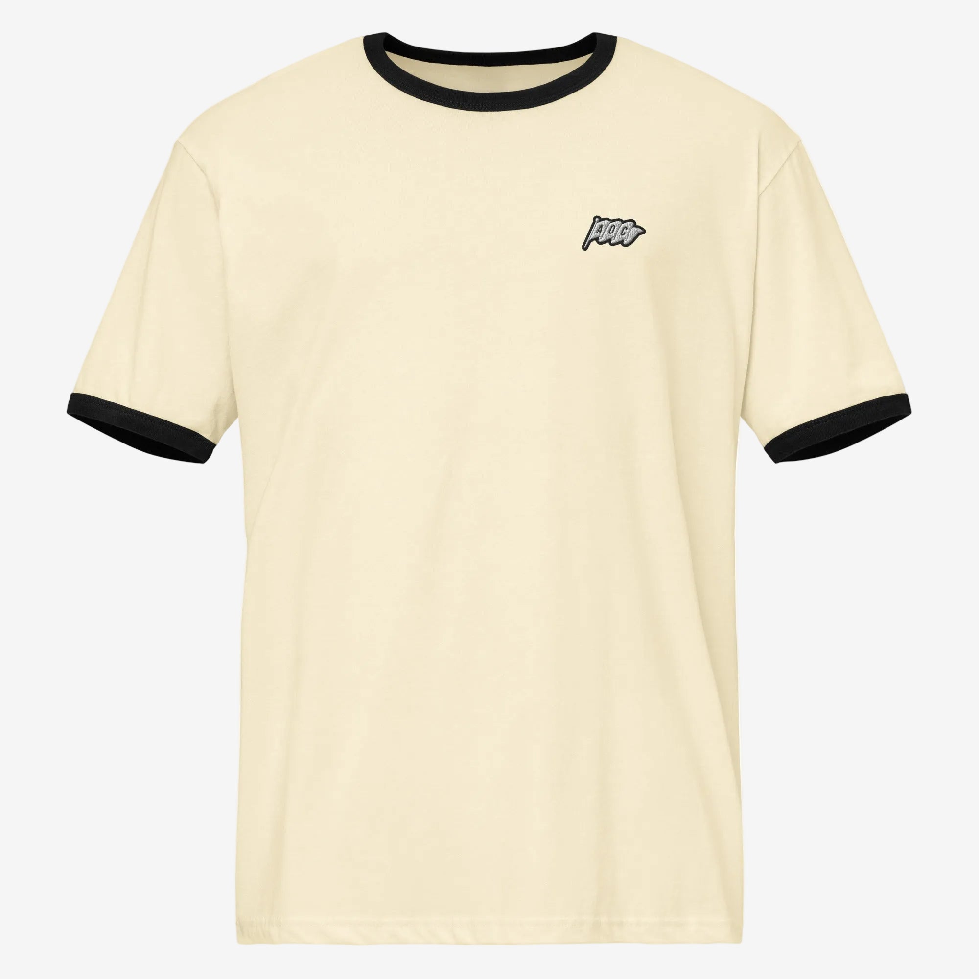 Parte trasera de la camiseta Ringer AOC color natural con cuello y mangas negras y diseño limpio sin estampado.