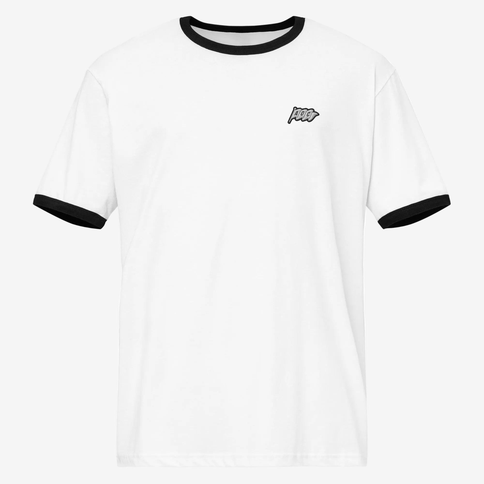 camiseta ringer blanca, vista frontal, cuello y mangas negras, logotipo AOC en el pecho