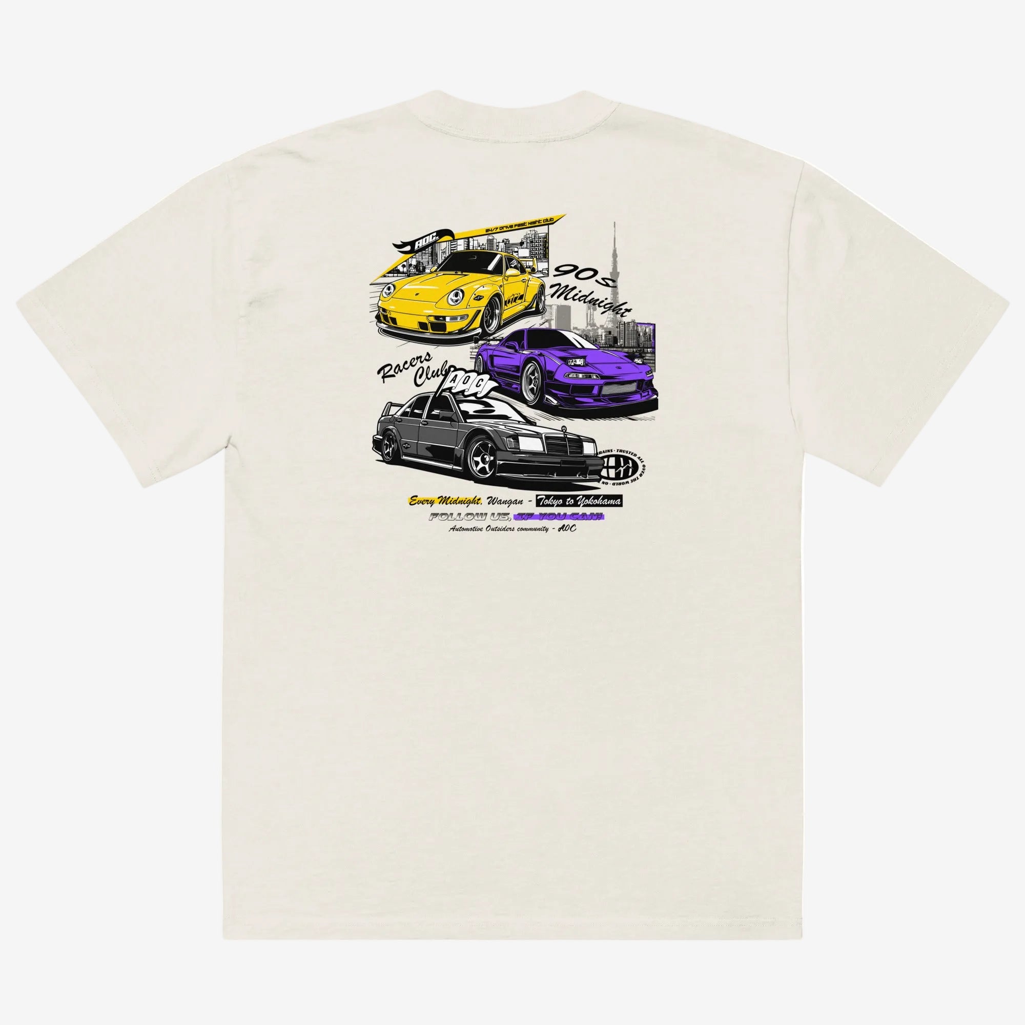 Camiseta Racers Club de AOC vista trasera con ilustración de Porsche 911, Honda NSX y Mercedes 190E