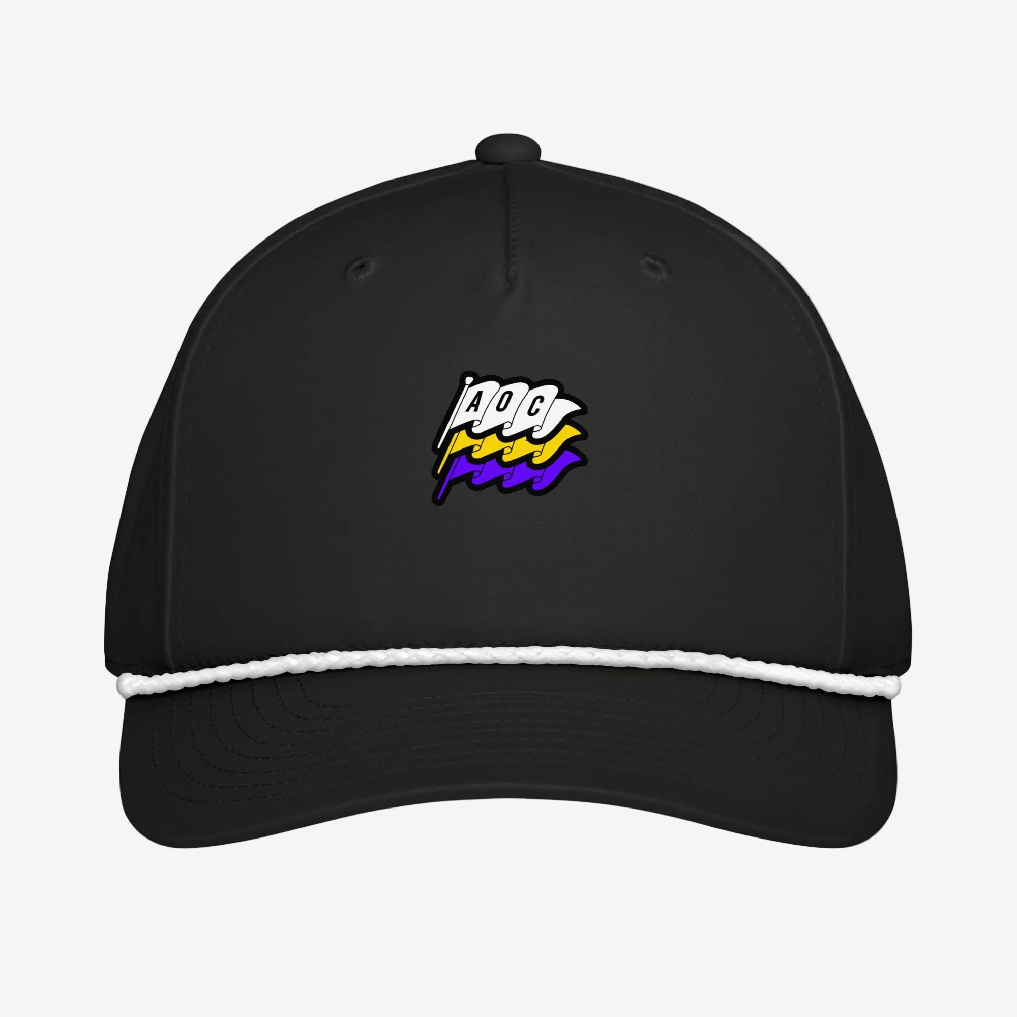 Gorra Rope Cap negra con cordón blanco y logotipo Flags de AOC bordado en el frontal.