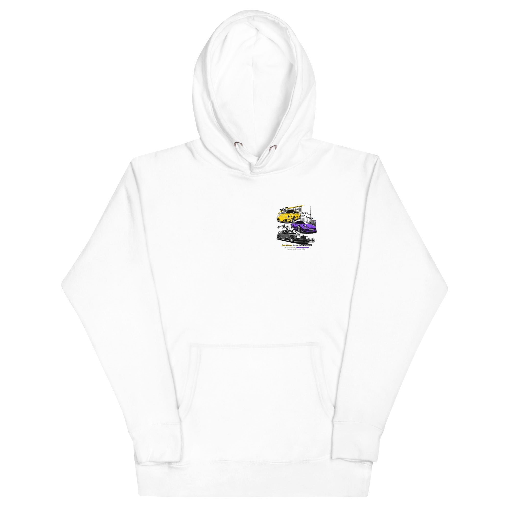 Sudadera blanca con capucha AOC Drive Fast Night Club con ilustración exclusiva en el pecho.