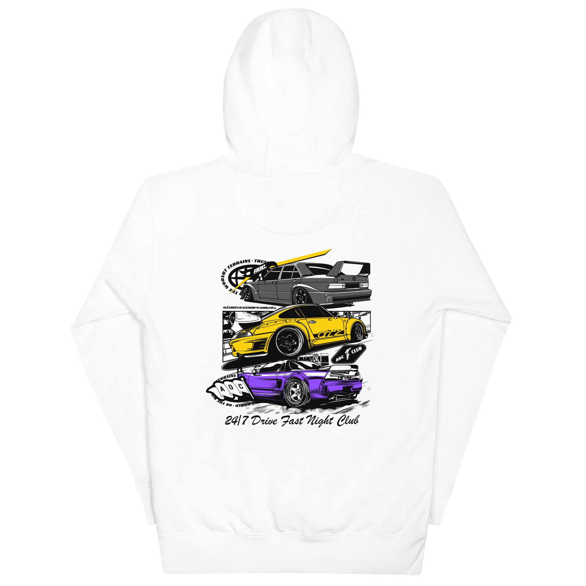 Sudadera blanca Drive Fast Night Club de AOC vista trasera con Porsche 911, Honda NSX y Mercedes 190E