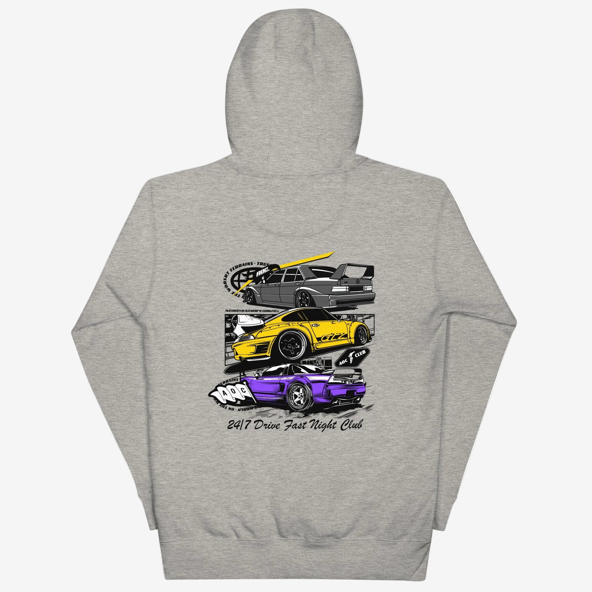 Sudadera gris Drive Fast Night Club de AOC vista trasera con Porsche 911, Honda NSX y Mercedes 190E