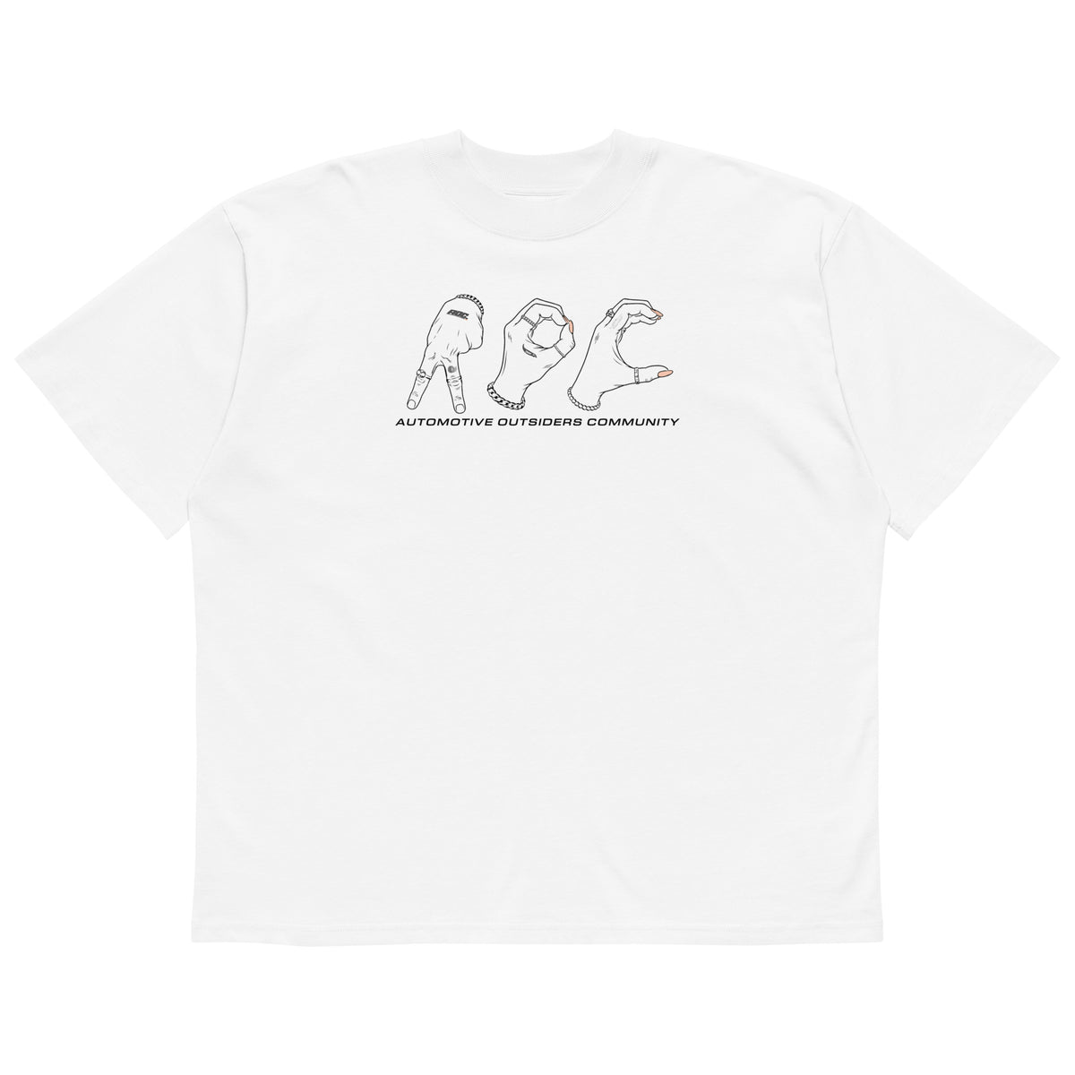Camiseta Oversized AOC Hands White frontal con texto Automotive Outsiders Community