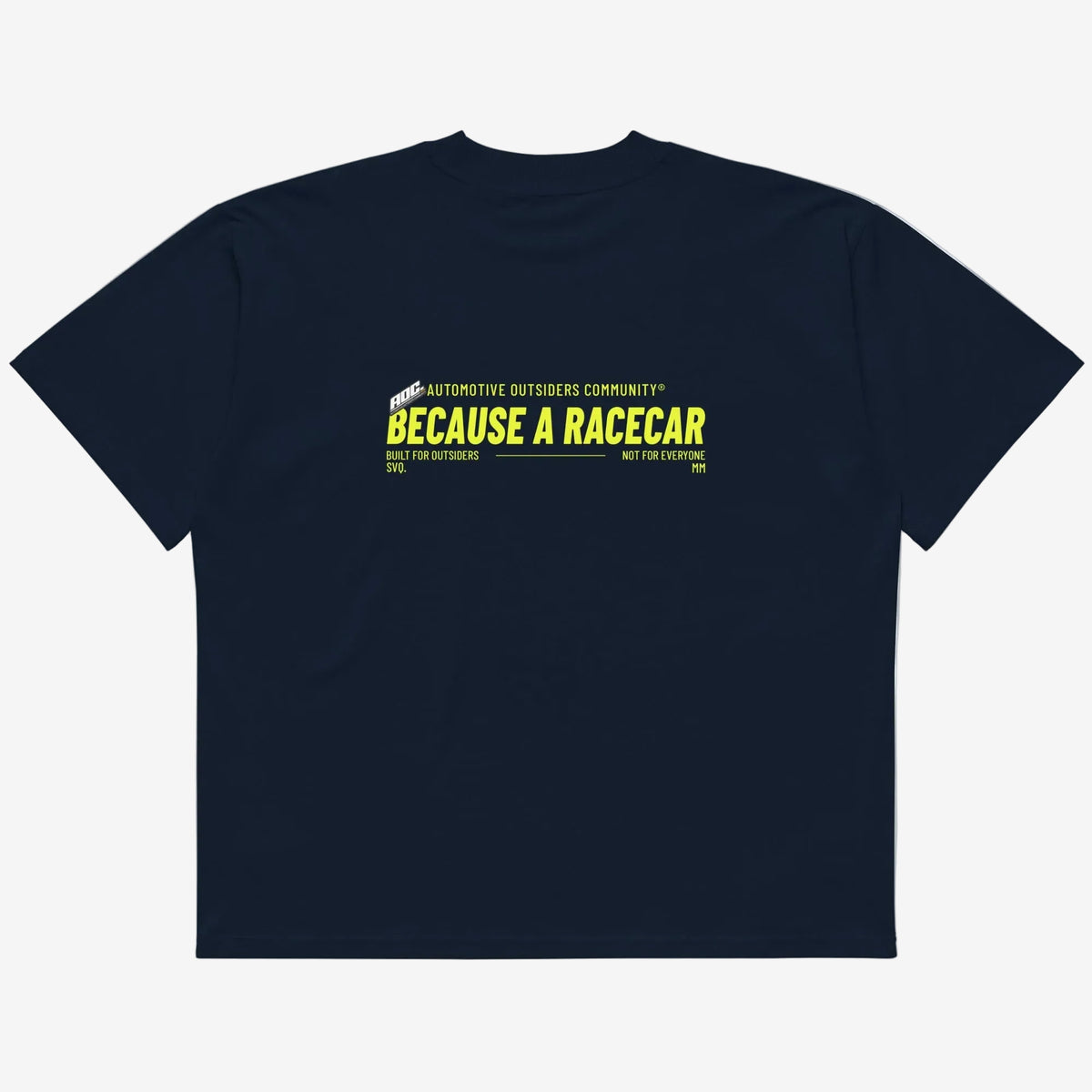 Camiseta Oversized “Because A Racecar” azul marino trasera con gráfica Because A Racecar