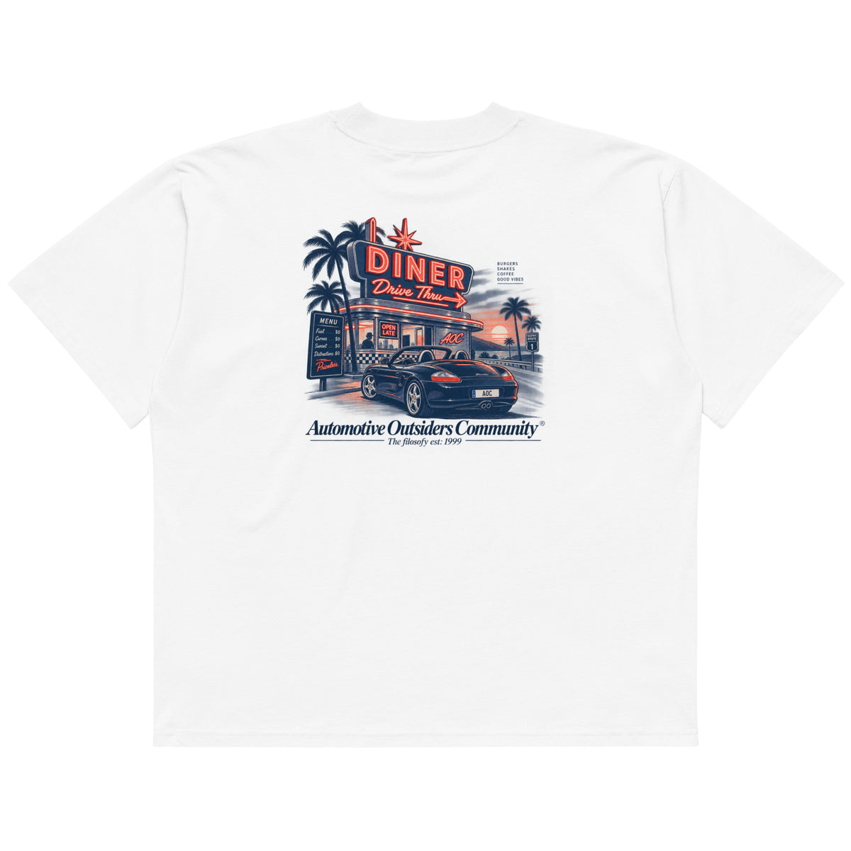 Camiseta Oversized Porsche Boxster 986 DriveThru blanca vista trasera