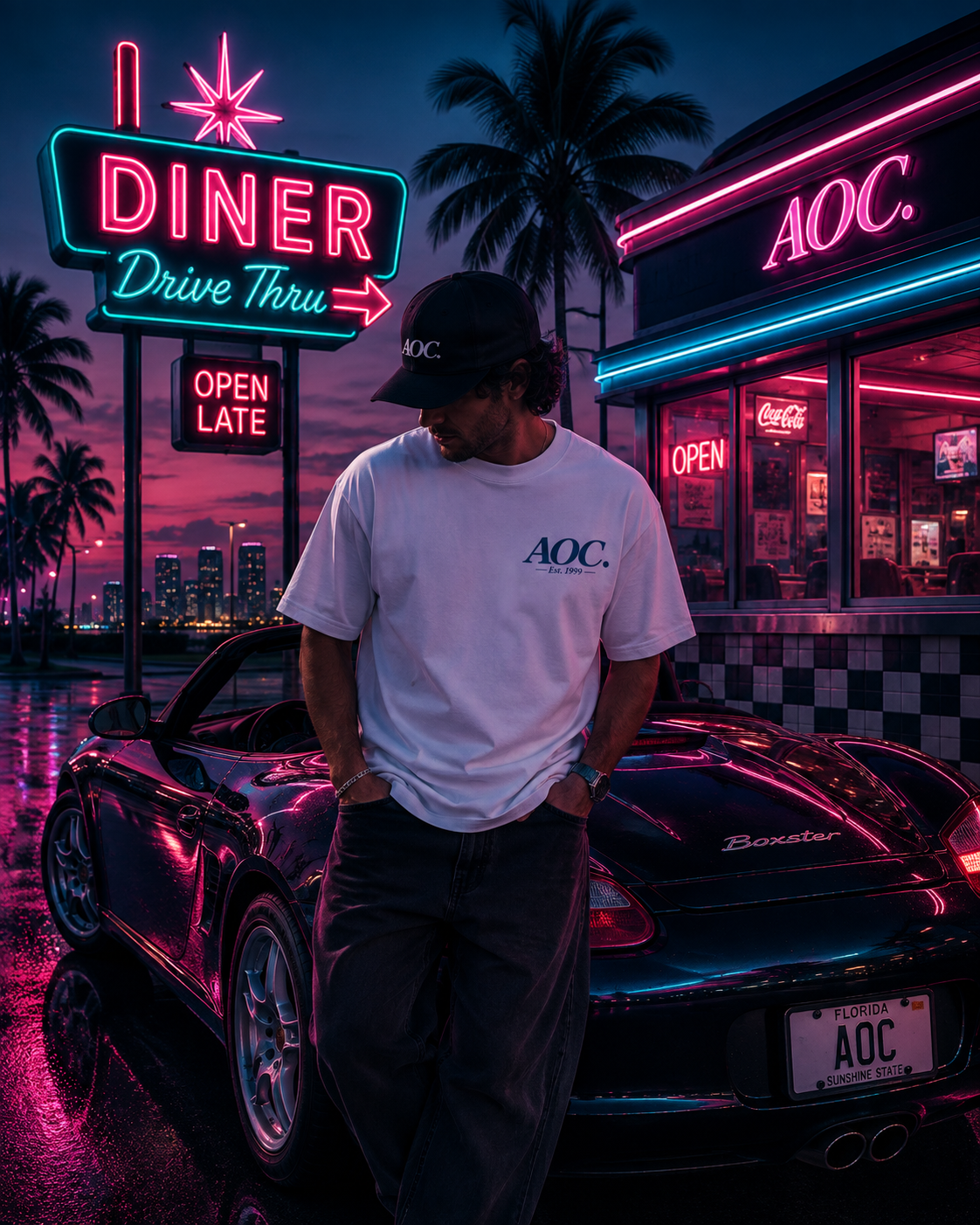 Camiseta Porsche Boxster 986 DriveThru blanca con logo AOC en el pecho, usada por modelo junto a coche negro en diner con neones