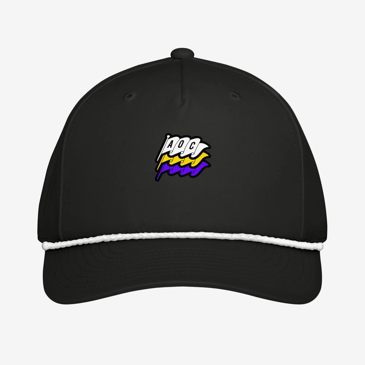 Gorra Rope Cap Flags Logo Black vista frontal con cordón blanco y logotipo AOC Flags