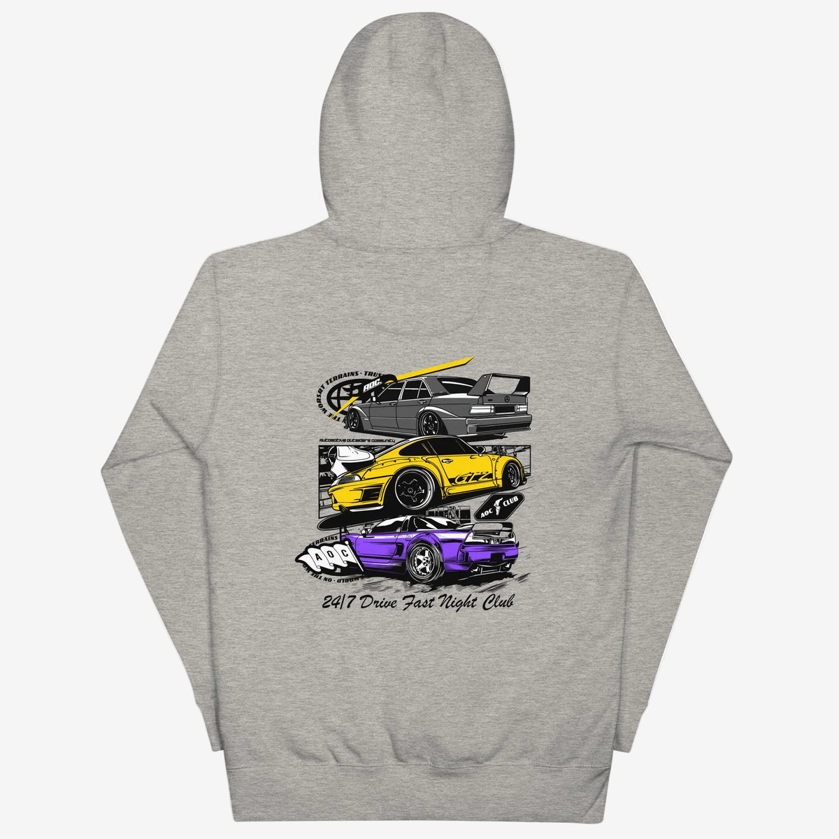 Sudadera con Capucha Drive Fast Night Club gris vista trasera con Porsche 993 GT2, Honda NSX y Mercedes-Benz 190E Evo